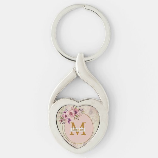 Elegant Floral Gold Monogram Heart, Name & Initial Sleutelhanger (Voorkant)