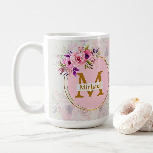 Elegant Floral Gold Monogram | Name & Initial Koffiemok (Met donut)