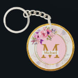 Elegant Floral Gold Monogram | Name & Initial Sleutelhanger<br><div class="desc">Elegant Floral Gold Monogram | Name & Initial Keychain. Keep your keys organized with a touch of botanical luxury. This round, double-sided keychain features a high-quality print of hand-painted watercolor florals in shades of blush and plum. The centerpiece is a bold, golden initial "M" and a customizable name bar, ensuring...</div>