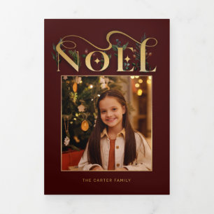 Elegant Floral Gold Noel Typografie Foto Drieluik Kaart