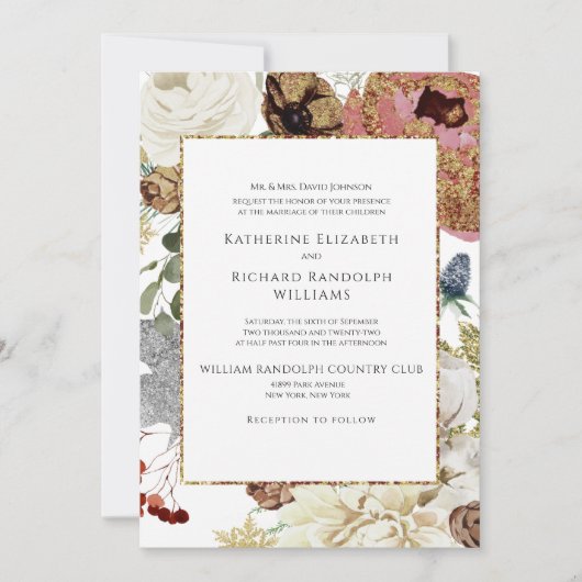 Elegant Floral & Gold One Venue Wedding Invitation Kaart (Voorkant)