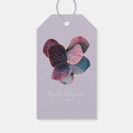 Elegant Floral Gold Paarse Hydrangeas bruiloft Cadeaulabel (Achterkant)