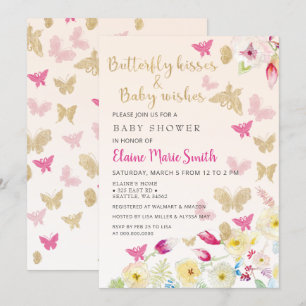 Elegant Floral Gold Pink Butterflies Baby shower Kaart