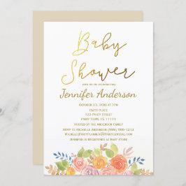 Elegant Floral Gold Roos Waterverf Baby shower Kaart