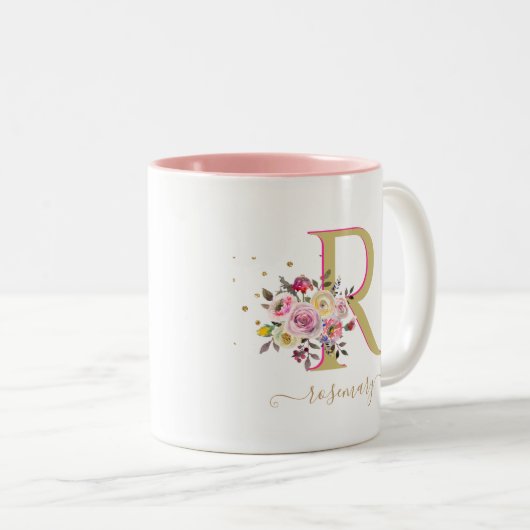 Elegant Floral Gold Roze je monogram Tweekleurige Koffiemok (Voorkant rechts)