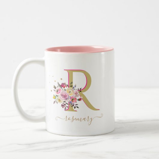 Elegant Floral Gold Roze je monogram Tweekleurige Koffiemok (Links)