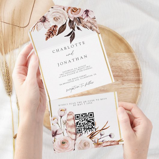 Elegant Floral Gold Rustic Fall Wedding all in one Uitnodiging