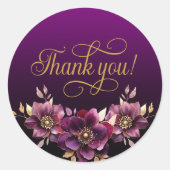 Elegant Floral Gold Script Bedankt Paarse Ronde Sticker (Voorkant)
