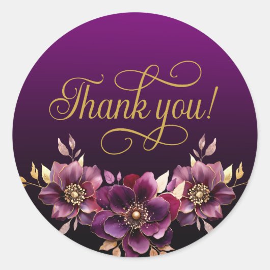 Elegant Floral Gold Script Bedankt Paarse Ronde Sticker (Voorkant)