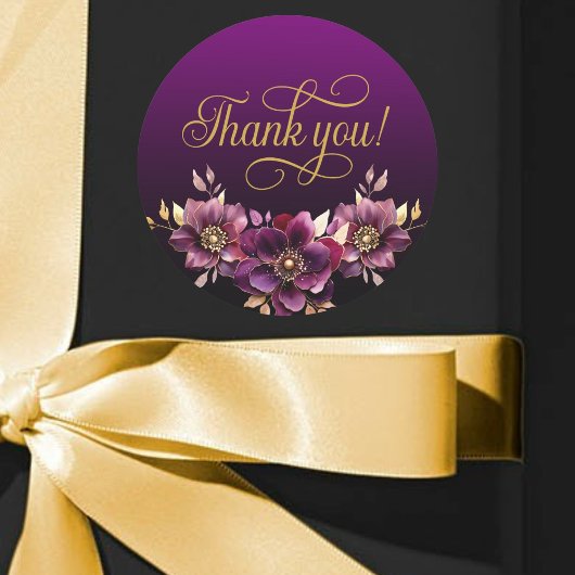 Elegant Floral Gold Script Bedankt Paarse Ronde Sticker