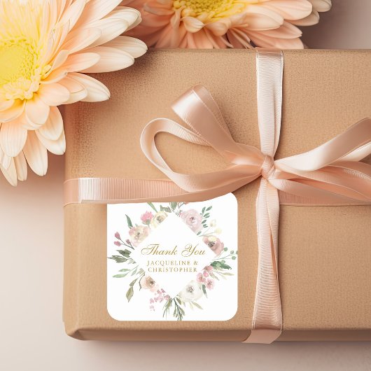 Elegant Floral Gold Script bruiloft dank u Vierkante Sticker