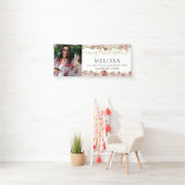 Elegant Floral Gold Script Photo Afstuderen Spandoek (Insitu)