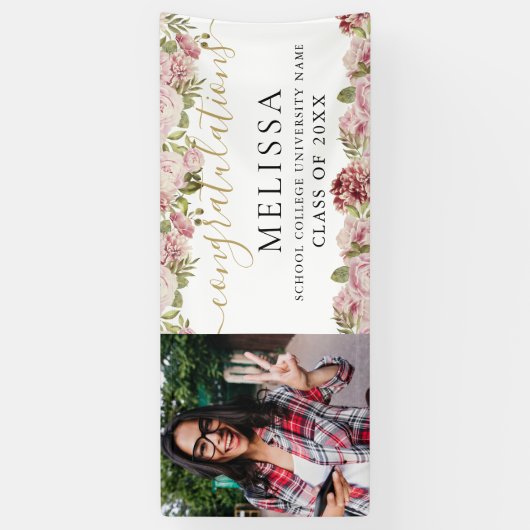 Elegant Floral Gold Script Photo Afstuderen Spandoek (Verticaal)