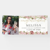 Elegant Floral Gold Script Photo Afstuderen Spandoek (Horizontaal)