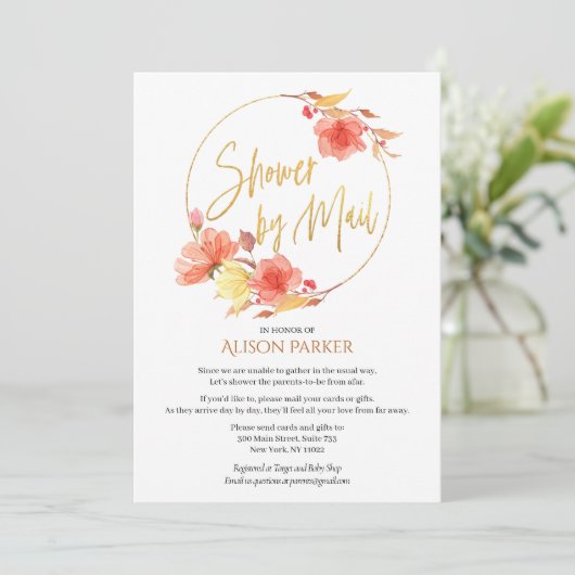 Elegant Floral Gold Script Waterverf Baby shower Kaart (Staand voorkant)