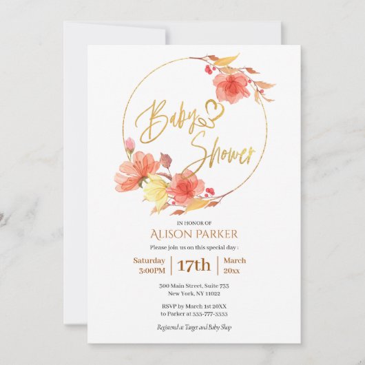 Elegant Floral Gold Script Waterverf Baby shower Kaart (Voorkant)