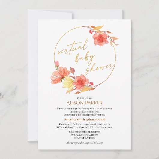 Elegant Floral Gold Script Waterverf Virtual Kaart (Voorkant)