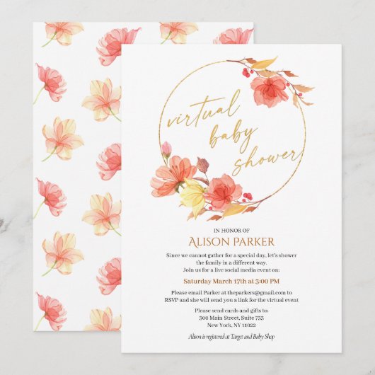 Elegant Floral Gold Script Waterverf Virtual Kaart (Voorkant / Achterkant)