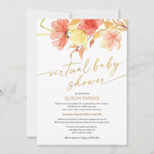 Elegant Floral Gold Script Waterverf Virtual Kaart (Voorkant)