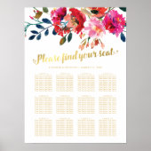 Elegant Floral Gold Wedding 12 Table Seating Chart Poster (Voorkant)