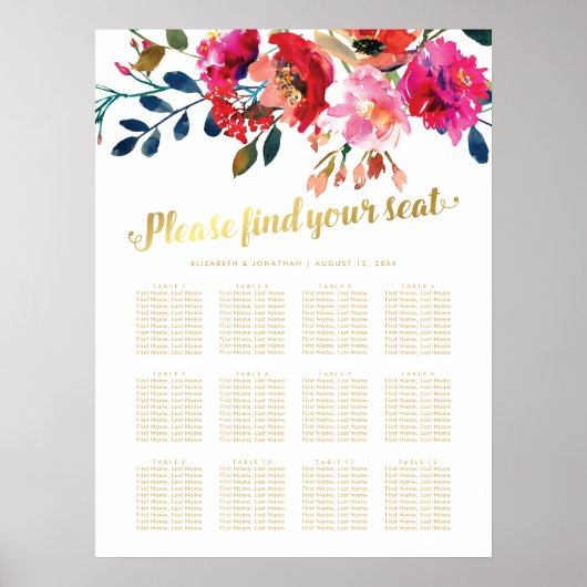 Elegant Floral Gold Wedding 12 Table Seating Chart Poster (Voorkant)