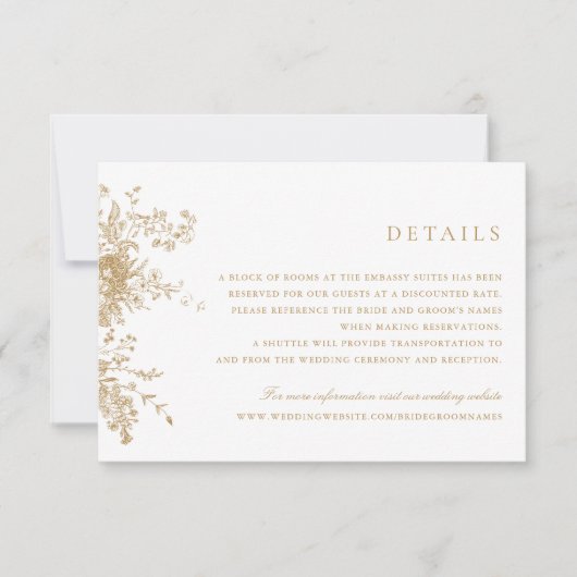 Elegant Floral  Gold Wedding Details Kaart (Voorkant)