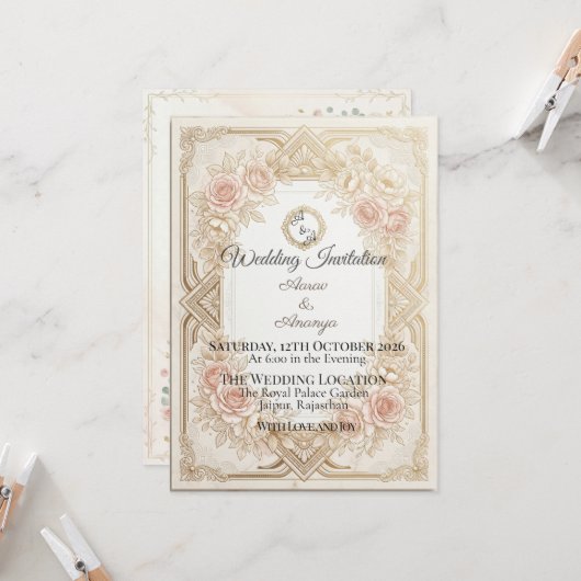 Elegant Floral Gold Wedding Invitation | Editable Kaart (Voorkant / Achterkant in situ)