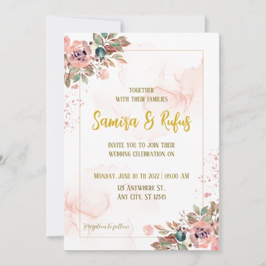 Elegant Floral Gold Wedding Invitation Kaart (Voorkant)
