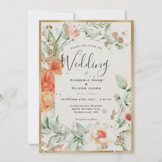 Elegant Floral Gold Wedding Kaart (Voorkant)