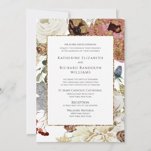 Elegant Floral & Gold Wedding Kaart (Voorkant)