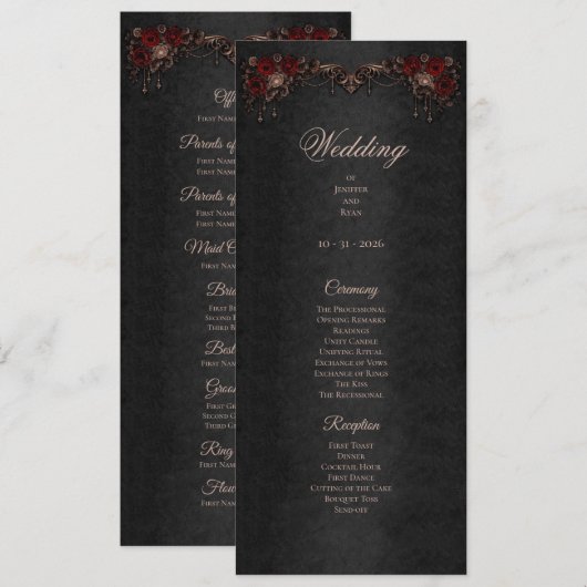 Elegant floral Gothic Halloween Wedding Program Menu (Voorkant / Achterkant)