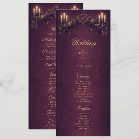 Elegant floral Gothic Halloween Wedding Program Menu (Voorkant / Achterkant)