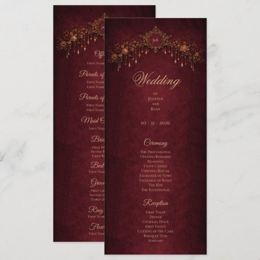Elegant floral Gothic Halloween Wedding Program Menu (Voorkant / Achterkant)