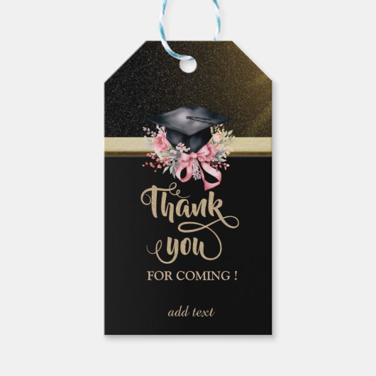 Elegant Floral Graduation Cap Black Thank You Cadeaulabel (Voorkant)