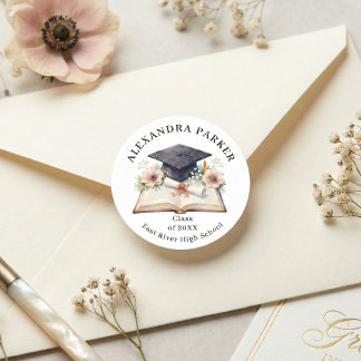 Elegant Floral Graduation Cap Open Book Diploma Ronde Sticker
