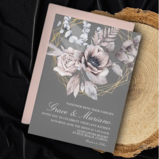 Elegant Floral Gray Pink Wedding Uitnodiging