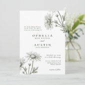 Elegant Floral Green Daisy Sketch Wedding Invitati Kaart (Staand voorkant)