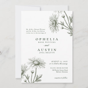 Elegant Floral Green Daisy Sketch Wedding Invitati Kaart