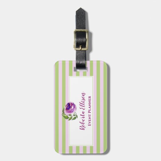 Elegant Floral Green Lila Horizontale Stripes Bagagelabel (Voorkant verticaal)