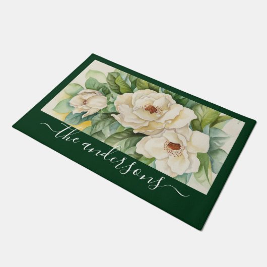 Elegant Floral Green Magnolia Flowers Name Script Deurmat (Schuin)
