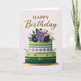 Elegant Floral Green Purple Gold Birthday Cake Kaart