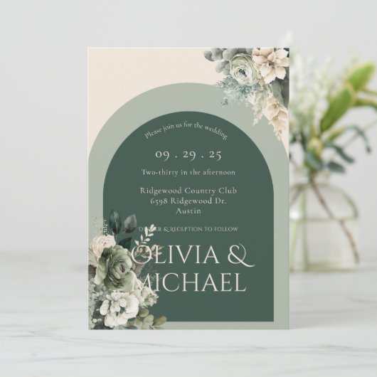 Elegant Floral Green Wedding Kaart (Staand voorkant)