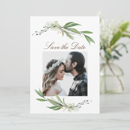 Elegant Floral Greenery Fotografie bruiloft Save The Date (Staand voorkant)