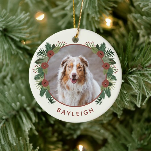 Elegant Floral Greenery Kerstmis 2 Foto Pet Keramisch Ornament (Boom)