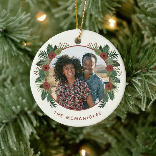 Elegant Floral Greenery Kerstmis 2 Foto serie Keramisch Ornament (Boom)