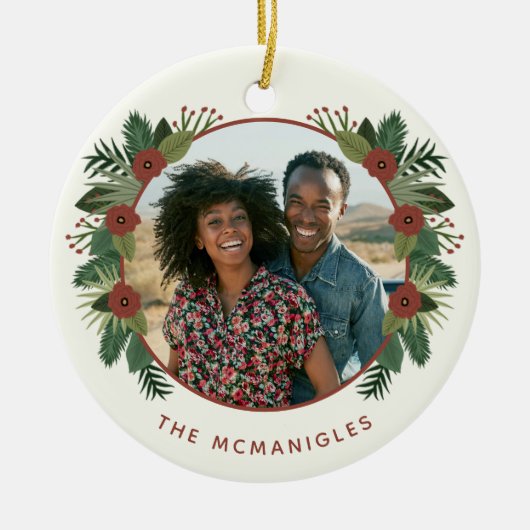 Elegant Floral Greenery Kerstmis 2 Foto serie Keramisch Ornament (Voorkant)