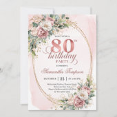Elegant Floral Greenery Rose Gold 80th Invitation Kaart (Voorkant)