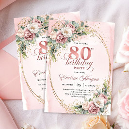 Elegant Floral Greenery Rose Gold 80th Invitation Kaart