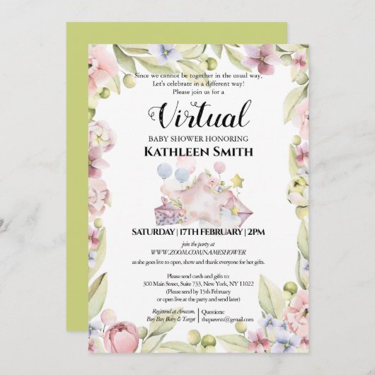 Elegant Floral Greenery Waterverf Virtual Shower Kaart (Voorkant / Achterkant)