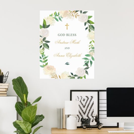 Elegant Floral Greenery Wreated Custom God Bless Poster (Thuiskantoor)
